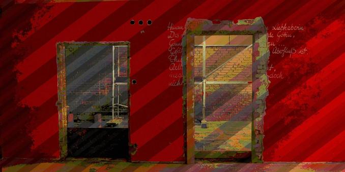 A red wall, the remains of an inscription, two breaks in the wall.