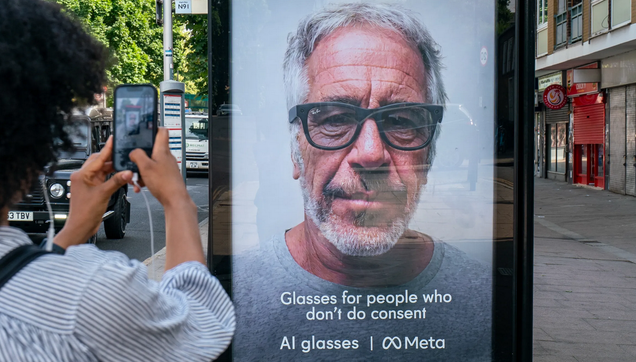Activists' spoof street ad for Meta's AI glasses, showing Epstein as a model saying 'Glasses for people who don't do consent'