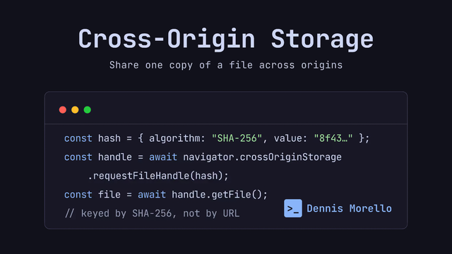 “Cross-Origin Storage” title with the subtitle “Share one copy of a file across origins” above a code editor window and the name Dennis Morello.