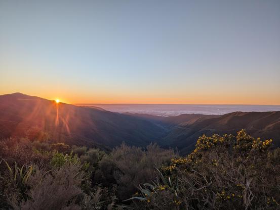 A photo from about 500m altitude looking over the Remutaka hills, sun peaking up over the horizon of a clear say