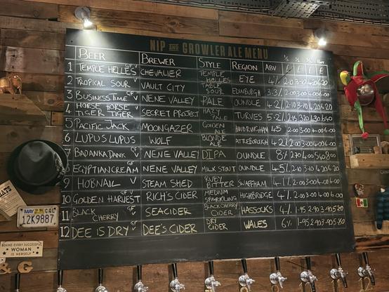 The blackboard of 12 beers, including one by Secret Project with an indeterminate name.