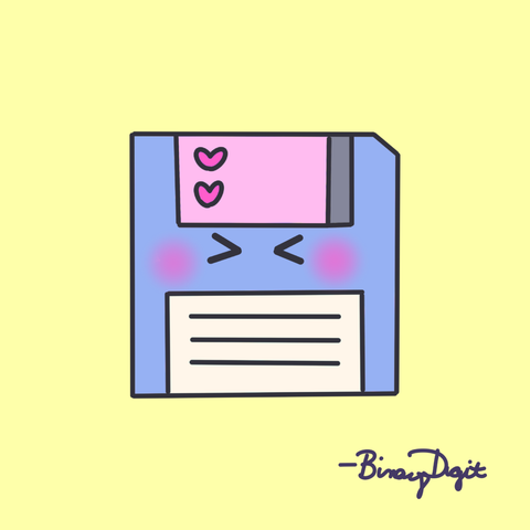 A blue, pink and teal illustration of a floppy disk with pink hearts and an "uwu" face that's blushing, drawn by BinaryDigit
