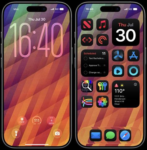 A lockscreen and a homescreen with a multicolored striped wallpaper from the Iconfactory.