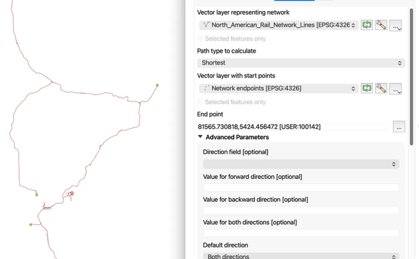 QGIS screenshot showing the Shortest Path (layer to point) tool, along with the rail network and some point features at the ends.