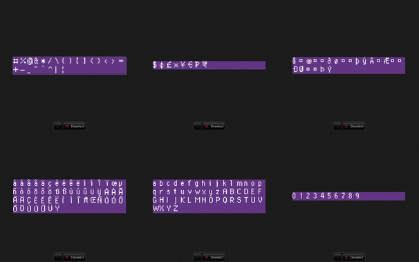 screenshot of imageviewer with 6 images of a pixel font showing several parts of font, coding, currencies, nordic characters (incomplete)  western european accents, latin characters and numbers