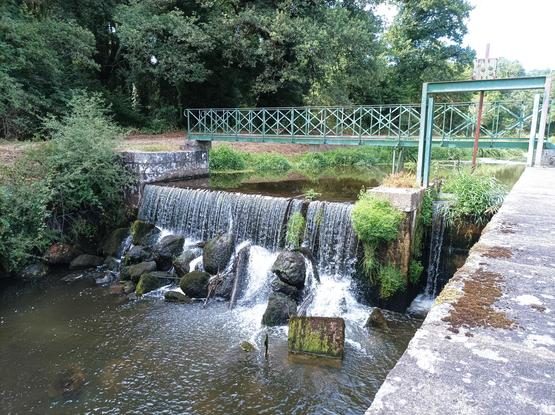 the canal running freely next to a lock, falling down over some mossy rocks, beneath a small iron gangway.