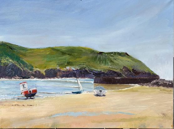 A serene coastal scene featuring two small boats on a sandy beach, gentle waves lapping at the shore, and a lush green hillside in the background. The sky is clear with a hint of blue.