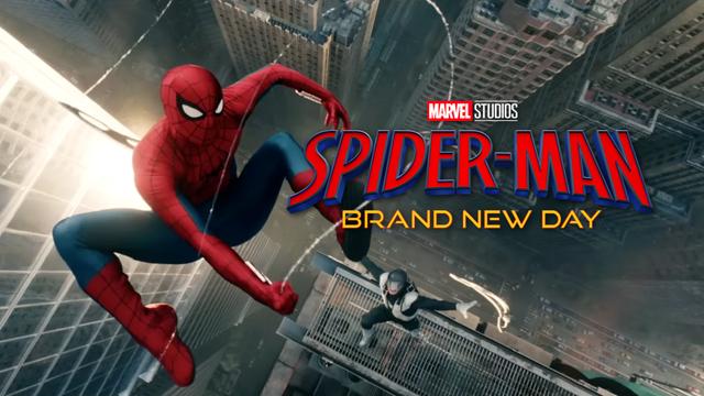 Spider-Man Brand New Day movie poster.
Spider-Man is swinging between tall buildings.