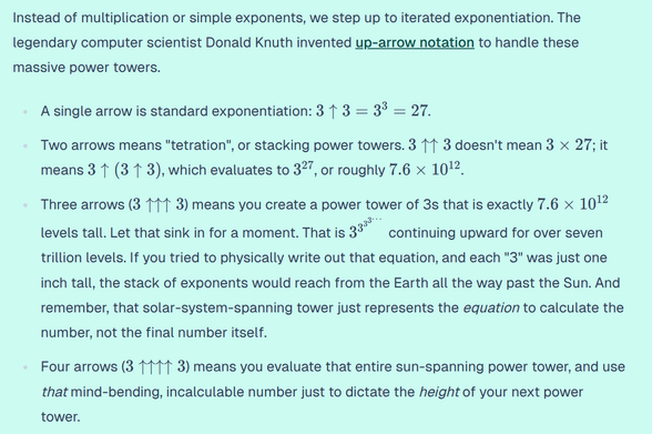 A light mint-green webpage screenshot explaining Knuth up-arrow notation with mathematical equations and bullet points. Text describes single, double, triple, and quadruple arrows. In the third bullet, an inline mathematical power tower shows the number 3 raised to stacked superscript 3s trailing into an ellipsis, typesetting cleanly across line spacing.