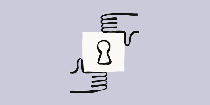 Two hands, one on each side, frame a white card with a keyhole graphic, symbolizing security and access.