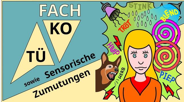 Links "FachKo TÜ" sowie "Sensorische Zumutungen", rechts ein Cartoon einer Frau umgeben von sensorisch belästigenden Einflüssen, "PIEP, TRÖT, WERB, STINK, BLEND".
