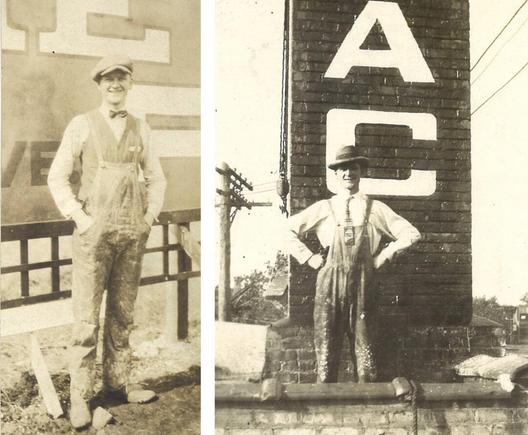 Two archival black and white photos showing suited workmen in overalls posing in front of portions of large pieces of hand-painted lettering, one on a bulletin and the other on a wall. Both are smiling proudly and in the context of the linked article, they are the sign painters responsible for the lettering.