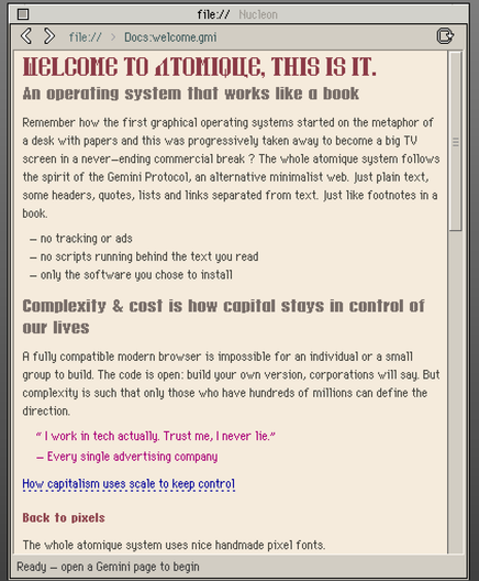 a browser showing paper like colors with pixel fonts. body fonts is a derivative of apple geneva 9pt , h2,h3  Impact and the title is called sovietski, featuring a good old soviet propaganda style