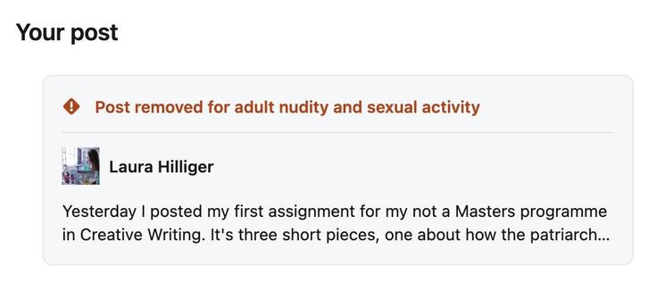 LinkedIn notification removing an innocuous post for adult nudity and sexual activity