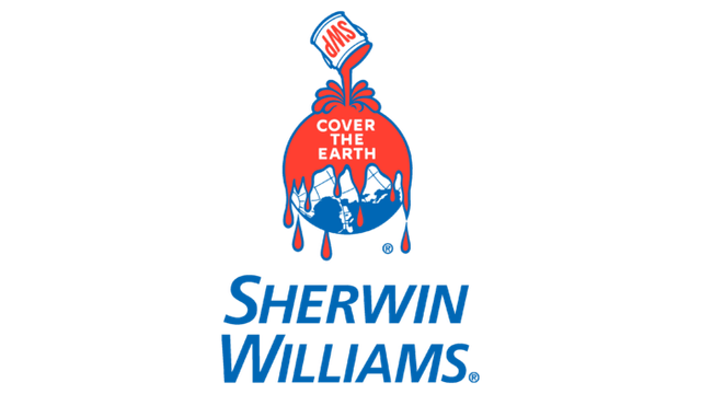 A wireframe blue Earth has had a giant can of red paint dumped atop it, covering more than half of it and dripping off the bottom. White lettering atop the paint reads "cover the Earth"; larger lettering below reads "Sherwin Williams"