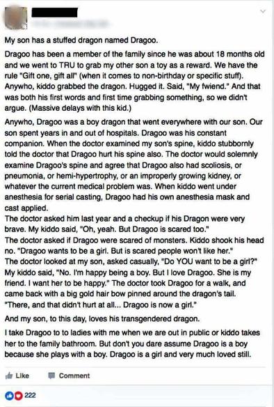 My son has a stuffed dragon named Dragoo.
Dragoo has been a member of the family since he was about 18 months old and we went to TRU to grab my other son a toy as a reward. We have the rule "Gift one, gift all" (when it comes to non-birthday or specific stuff).
Anywho, kiddo grabbed the dragon. Hugged it. Said, "My fwiend." And that was both his first words and first time grabbing something, so we didn't argue. (Massive delays with this kid.)
Anywho, Dragoo was a boy dragon that went everywhere with our son. Our son spent years in and out of hospitals. Dragoo was his constant companion. When the doctor examined my son's spine, kiddo stubbornly told the doctor that Dragoo hurt his spine also. The doctor would solemnly examine Dragoo's spine and agree that Dragoo also had scoliosis, or pneumonia, or hemi-hypertrophy, or an improperly growing kidney, or whatever the current medical problem was. When kiddo went under anesthesia for serial casting, Dragoo had his own anesthesia mask and cast applied.
The doctor asked him last year and a checkup if his Dragon were very brave. My kiddo said, "Oh, yeah. But Dragoo is scared too." The doctor asked if Dragoo were scared of monsters. Kiddo shook his head no. "Dragoo wants to be a girl. But is scared people won't like her." The doctor looked at my son, asked casually, "Do YOU want to be a girl?" My kiddo said, "No. I'm happy being a boy. But I love Dragoo. She is my friend. I want her to be happy." The doctor took Dragoo for a walk, and came back with a big gold hair bow pinned around the dragon's tail.
"There, and that didn't hurt at all... Dragoo is now a girl." And my son, to this day, loves his transgendered dragon.
I take Dragoo to to ladies with me when we are out in public or kiddo takes her to the family bathroom. But don't you dare assume Dragoo is a boy because she plays with a boy. Dragoo is a girl and very much loved still.
•