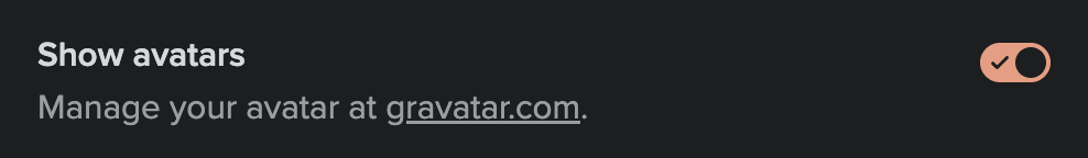Fastmail default toggle: "Show avatars, Manage your avatar at gravatar.com."