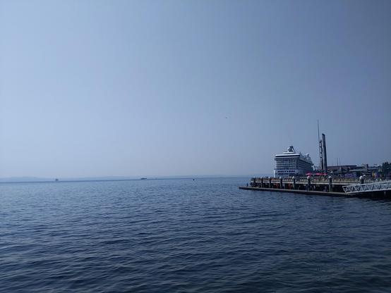 The view of puget sound from the Seattle aquarium, the air is still worryingly brown