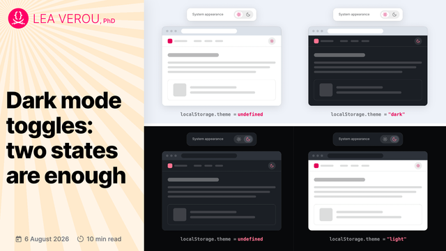 Title “Dark mode toggles: two states are enough” by Lea Verou, PhD, beside four browser mockups with “System appearance” sun and moon toggles, shown in light and dark themes.