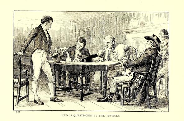 Ned is questioned by the justices.

Title: Through the Fray: A Tale of the Luddite Riots

Author: G. A. Henty

It is showing a young man standing before a table where several older, formally dressed men are seated, questioning him in what appears to be a courtroom or inquiry scene.