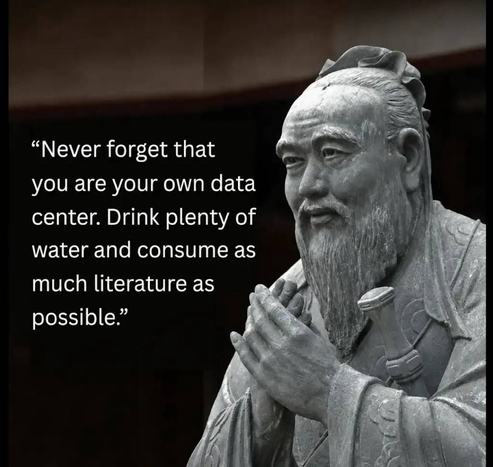 Statue of a scolar: "Never forget that  you are your own data  center. Drink plenty of  water and consume as  much literature as  possible."