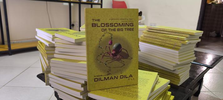 A stack of books on a table, with one standing upright so that the cover faces the camera. It is a yellowish book, with a spider-robot on the cover, with solar panels on its back. The title is The Blossoming of the Big Tree, a novella by Dilman Dila, with a blurb from Vector BSFA magazine "a genuinely absorbing read"