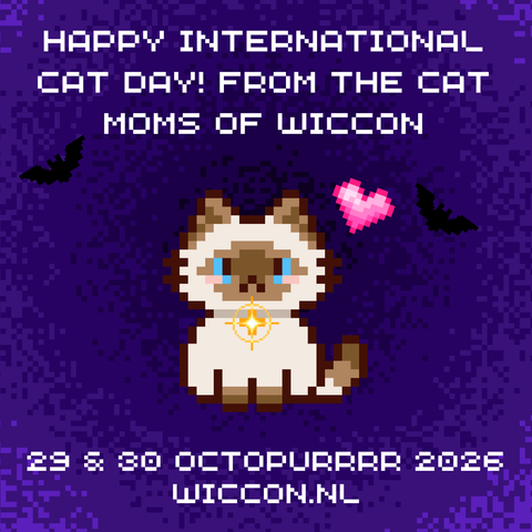 An 8-bit Cat with the text; happy international cat day
From the cat moms of WICCON 
29-30 Octopurrr 2026