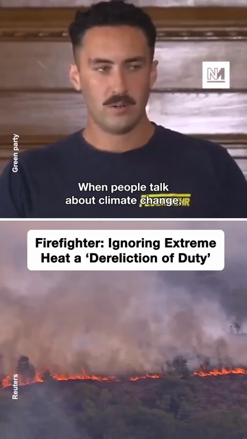 Splitscreen of a firefighter on a mic and the devastating fires in Europe.
