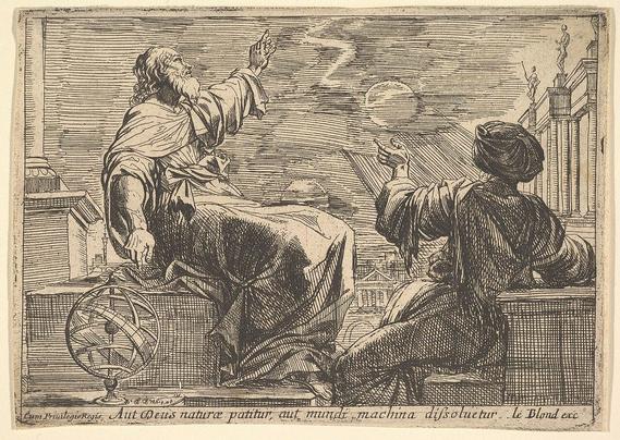 Two philosophers watching an eclipse, etching by Pierre Brébiette.

It is showing two robed, bearded figures gesturing dramatically toward the sky where a solar eclipse is depicted, with an armillary sphere at their feet and classical architecture in the background. The Latin inscription reads "Aut Deus naturae patitur, aut mundi machina dissoluetur" ("Either God suffers in nature, or the machine of the world will be dissolved").