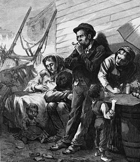 The illustration is titled "New York City--Among the poor - A Summer evening scene at the Five Points." It appeared on the cover of Frank Leslie's Illustrated Newspaper on August 26, 1873. In the center, the father wears a hat, dark coat, and trousers. He holds a pipe to his mouth and leans against a wooden building. To the left, the mother and infant sit on a pile of bedding or bundled belongings. She looks down at the baby. Next to her, a man or older boy sits slumped with his head on his arms. A small toddler sits on the ground in the lower-left corner. On the right, a young boy stands with his hands on a small table, looking up at an older woman.