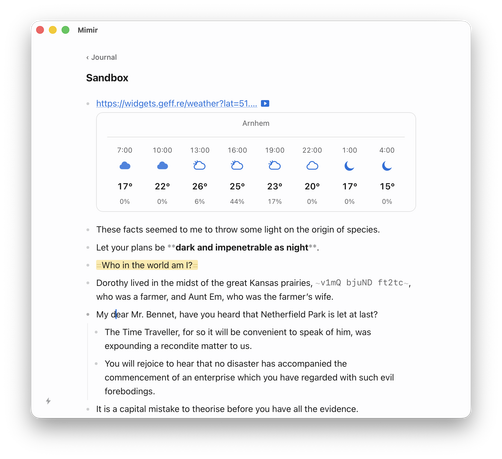 Screenshot of a web page displaying a "Sandbox" journal entry with a weather widget showing hourly forecasts and a list of bullet points with text excerpts.