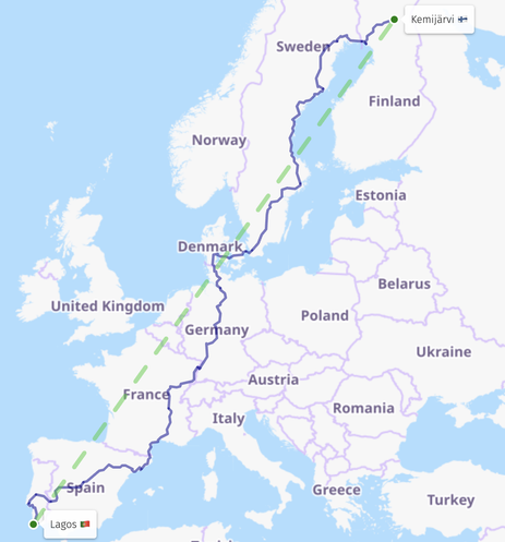 Map of the longest railway journey in the EU