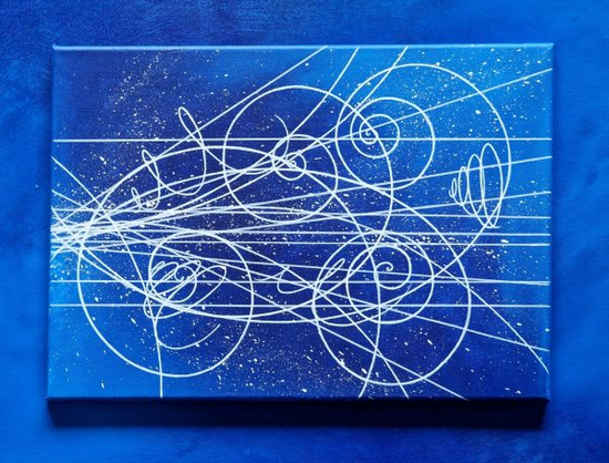 Acrylic on canvas painting of white particle trails (white lines and spirals darting around the canvas) over a blue gradient background
