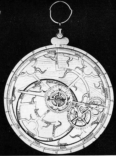 Figure 17.—French Geared Astrolabe of Trefoil Gothic Design, ca. A.D. 1300. The gearing on the pointer is, from the center: (32)/14-45+27-39, the last meshing with a concave annular gear of 180 teeth around the rim of the rete of the astrolabe. A second pointer, geared to this so as to follow the Moon, seems to be lacking. (Photo courtesy of Science Museum. London.)