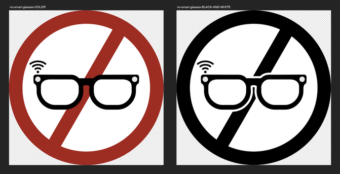 Icon design for "Not smart glasses allowed" consisting on a standard forbidden signal (red clircle with diagonal red line) and the shape of smart glasses (with the cameras circles on the mount and wifi waves symbol) . The same icon is in black and white colour.