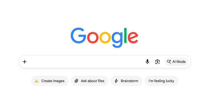 Google home page with "Create images," "Ask about files," and "Brainstorm" buttons next to I'm feeling lucky button