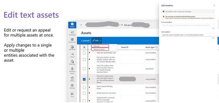 Microsoft Advertising released the ability to adjust and appeal disapproved assets in bulk - Bulk edit disapproved assets