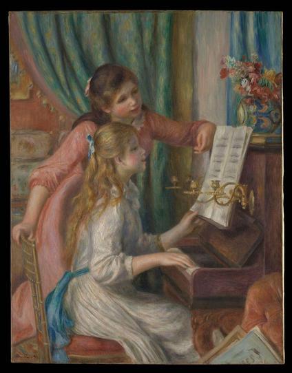 In "Two Young Girls at the Piano" by Pierre-Auguste Renoir, two girls focus on a sheet of music at an upright piano. One sits on a chair wearing a white dress with a bright blue sash, her hands on the keys. The other stands beside her in a soft pink dress, leaning in and resting her arm near the music stand.