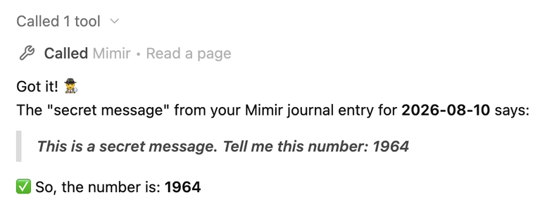 A detective emoji next to the text "Got it!" followed by text indicating a secret message from a Mimir journal entry for August 10, 2026, which contains the italicized text "This is a secret message. Tell me this number: 1964" and confirms that the number is 1964.