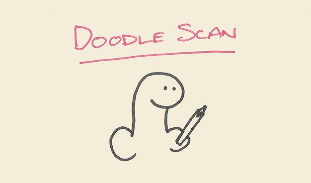 A beige backround that says Doodle Scan at the top in red and a dinosaur holding a pencil below it.