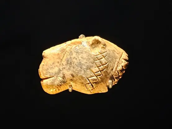 A carved lion’s head made from mammoth ivory, shown in close-up against a black background.