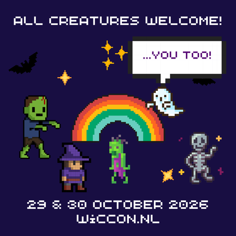 All creatures welcome, with a depiction of all kinds of halloween related characters.