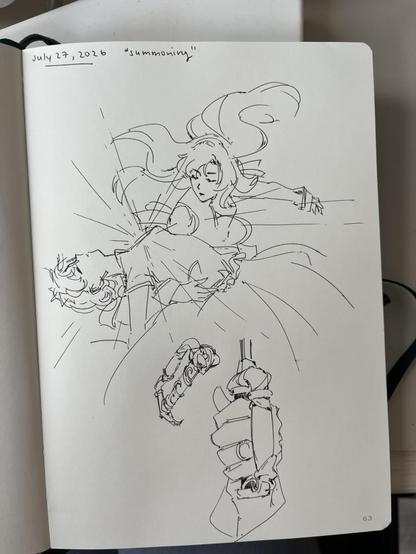 Photograph of a sketch in my sketchbook, depicting Utena holding Anthy as she’s about to summon a sword, as well as a couple of closeups of the sword handle.