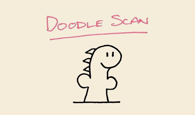 A beige background that says Doodle Scan at the top in red and a dinosaur with spikes on his back. He does not look in any way like a penis.