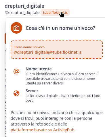 Username in v4.5: the domain name is artificially separated from the username and you have to actively switch to the popup to find the copy-pasteable handle