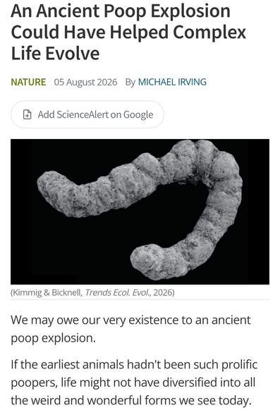 Excerpt from NATURE magazine, 05 August 2026, article by MICHAEL IRVING

Headline: An Ancient Poop Explosion Could Have Helped Complex Life Evolve

[Black and white photo of an ancient poop]

We may owe our very existence to an ancient poop explosion.
If the earliest animals hadn't been such prolific poopers, life might not have diversified into all the weird and wonderful forms we see today.