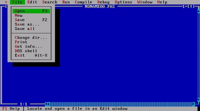 Screenshot of the retro Turbo Pascal MS-DOS IDE with the "File" drop-down menu expanded on a blue background
