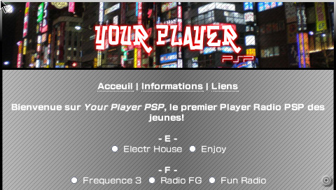 A screenshot of a webpage. "Your Player PSP" is written in a graffiti-inspired font in white with a red glow, above a picture of a neon-filled city-scape. Under that, radios are listed alphabetically with a radio button next to their names, with a grey background with diagonal black lines.