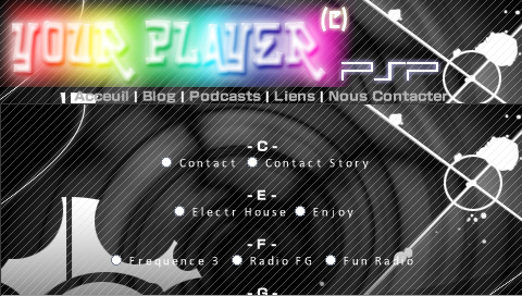 A screenshot of a webpage. "Your Player PSP" is written in a graffiti-inspired font in white with a rainbow glow. Under that, radios are listed alphabetically with a radio button next to their names.