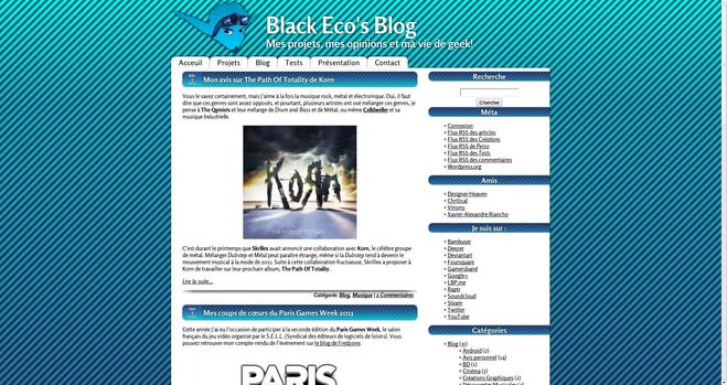Screenshot of "Black Eco's Blog". A pretty standard blog layout, but the page's and title's background are teal stripes.